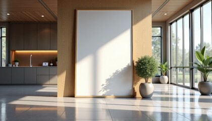 Fototapeta premium Modern interior with empty frame and plants in well-lit space 