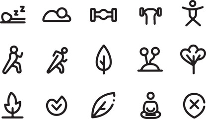 Collection of simple black line icons representing health and wellness activities