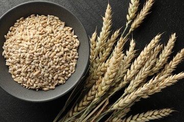 Many wheat spikes and grains on black table, flat lay