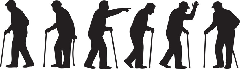 Elderly men walking with canes and gesturing gestures set, bundle, vector, isolated on white background, cutout, png, clipping path, transparent, image, download, 2025,2026