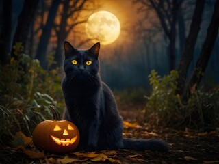 Black Cat with Glowing Eyes and Jack-o'-Lantern under Full Moon – Ultra-Detailed Halloween Forest Scene