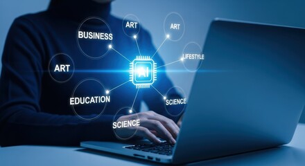 Person using laptop with artificial intelligence concepts displayed