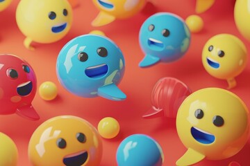 3d rendering of colorful emojis with speech bubbles talking and communicating on orange background