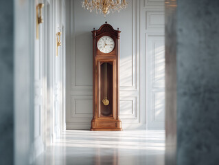 Elegant interior featuring a classic grandfather clock under a chandelier. Timeless design, suggesting tradition, luxury, and the passage of time.