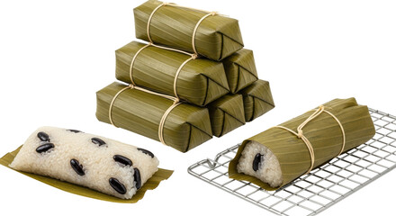 Isolated Sticky Rice with Black Beans Wrapped in Banana Leaves