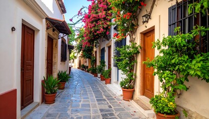 Fototapeta premium Narrow alleyway with bougainvillea