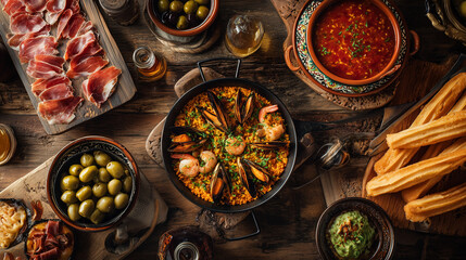 Tradycyjna kuchnia hiszpańska pełna koloru i smaku — tapas, paella, oliwki i świeże składniki serwowane w słonecznej, pełnej życia atmosferze.
