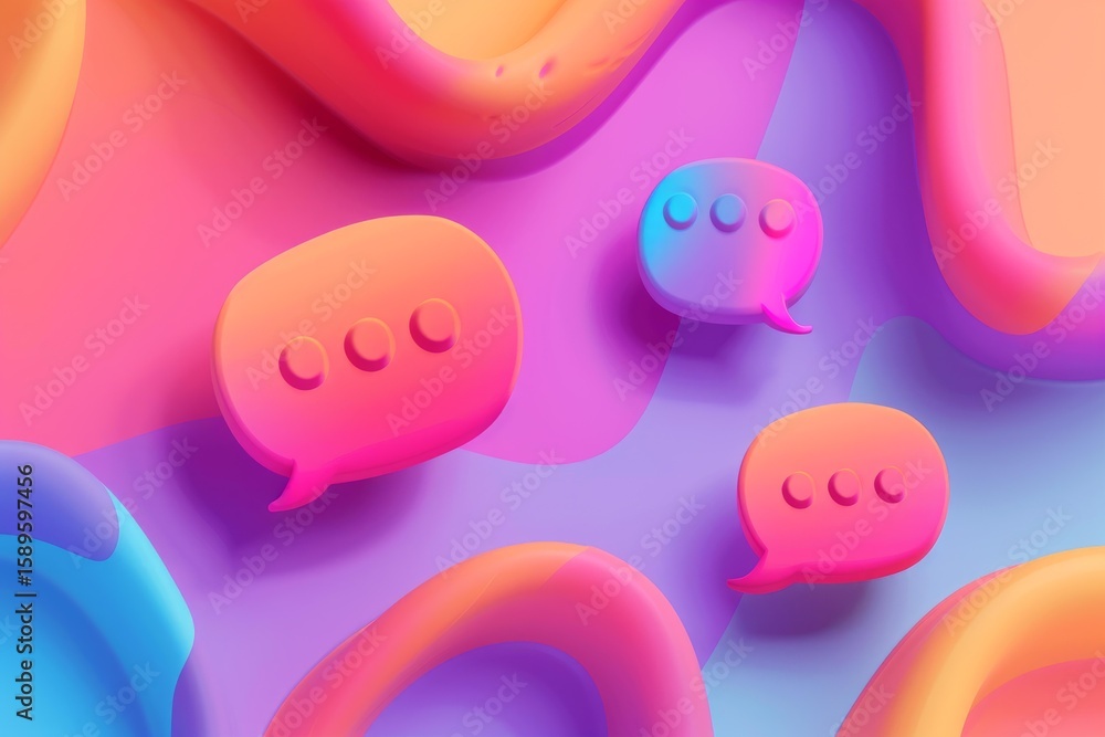 Poster 3d render of speech bubbles floating on a colorful abstract background, symbolizing online chat, soc