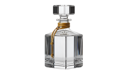 Elegant Glass Decanter Sits, Displaying Refraction, Against Transparent Background, with Leather Tie