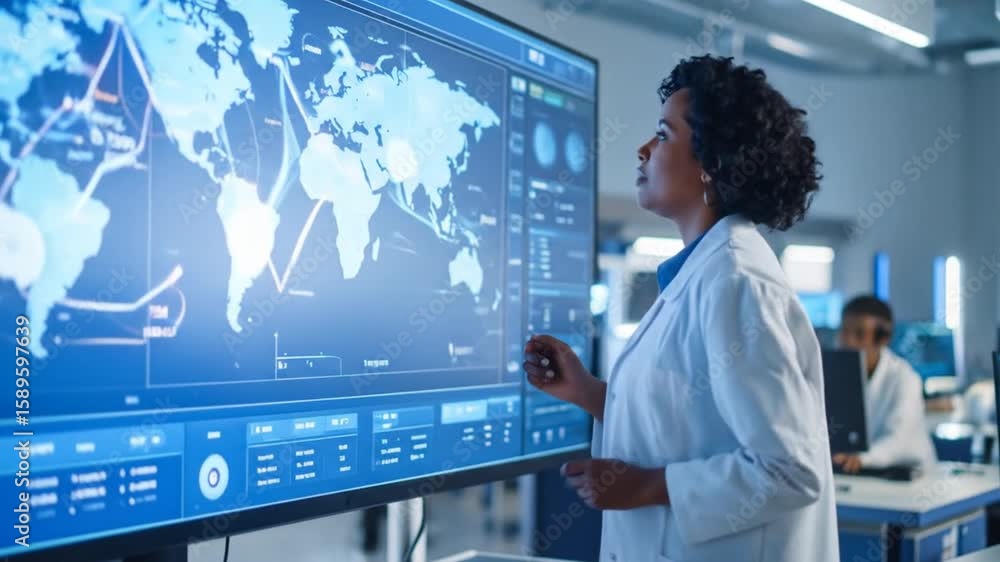 Aufkleber woman scientist analyzing global data on large interactive display