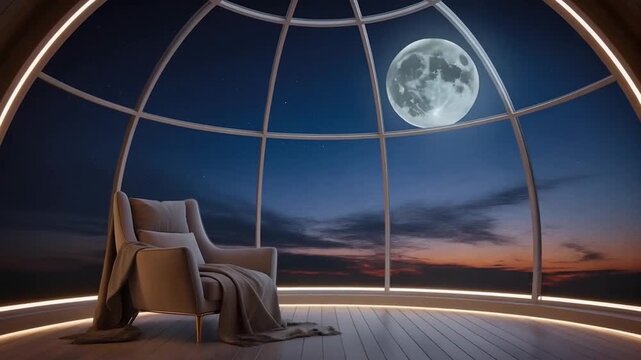 Stunning full moon viewed through futuristic glass dome, dreamy celestial scene with cosmic ambiance