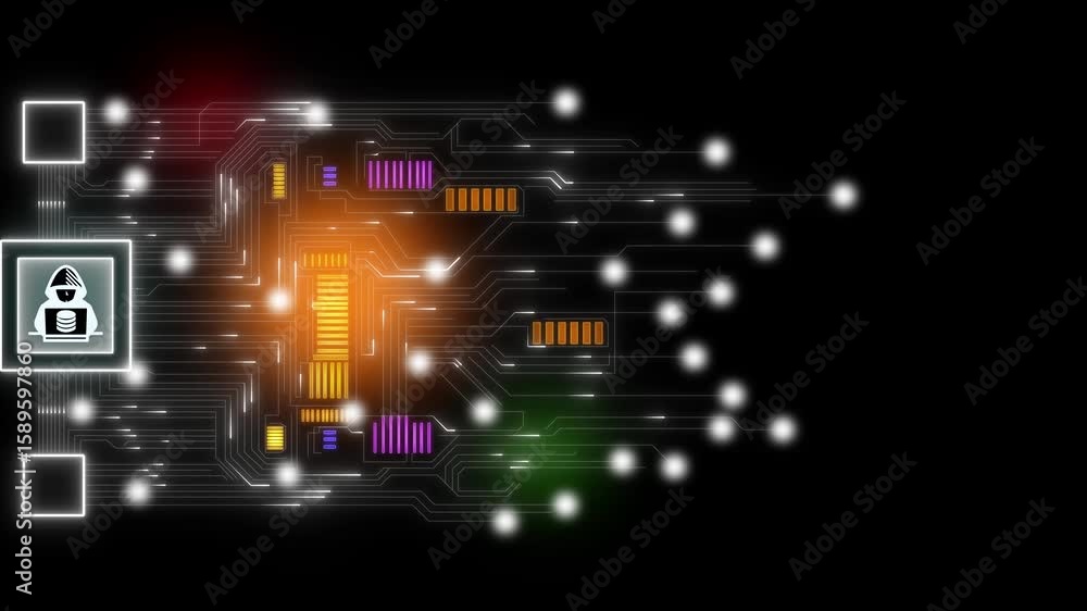 Poster hacker or cyber crime in the world on circuit board, futuristic circuit board design in neon blue, c