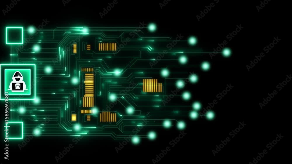 Poster hacker or cyber crime in the world on circuit board, futuristic circuit board design in neon blue, c