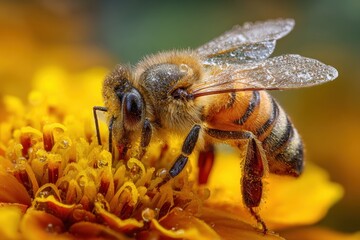 Fototapeta premium A honeybee gathering nectar from a bright yellow flower. The bee's furry body is dusted with pollen, and its delicate wings are spread as it feeds