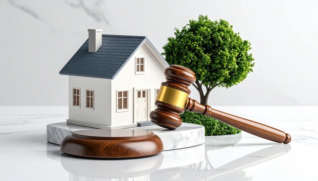 3D model of a house and gavel on marble