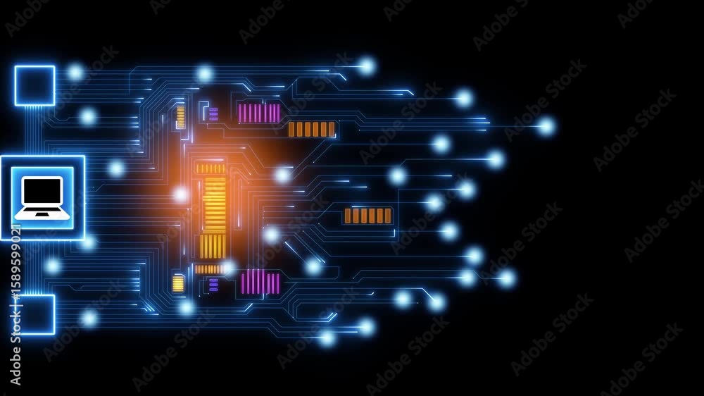 Poster smart laptob icon on circuit board, futuristic circuit board design in neon blue, captured from a si