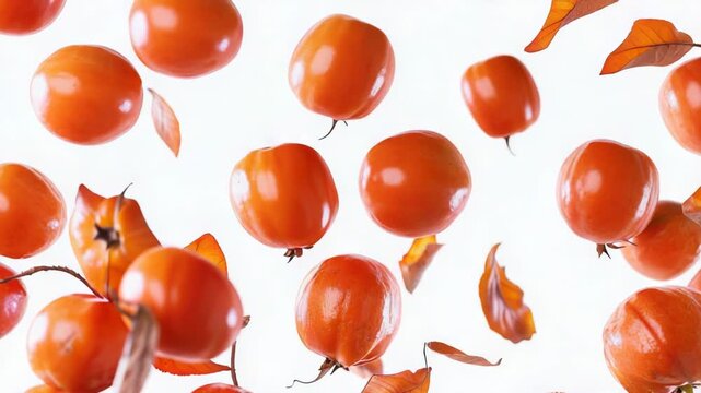 A natural scene of persimmon fruits falling from the tree, great for autumn or harvest-themed content