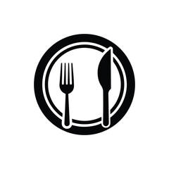 Black silhouette of a plate with fork and knife isolated on a white background