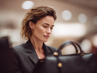 Sophisticated woman looking at a stylish handbag in a warm, inviting setting. Could represent luxury, retail therapy, or a moment of contemplation. Ideal for fashion, lifestyle.