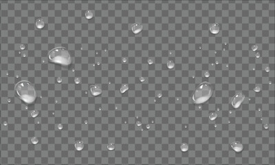 Vector water drop, drops, droplets. PNG drops, condensation on glass, on various surfaces. Realistic drops on a transparent background. Rain and dew.