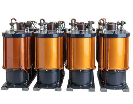 Set of Cast Resin Transformers in Upright Row, Front View with Terminal Details, Isolated on Transparent Background.