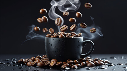 "Falling Coffee Beans Over Steaming Cup – Dark Roast Coffee Art with Steam and Black Background"

