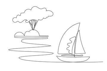 Line Art Yacht Boat Sketch. Summer Tropical Ocean Beach Resort Rest Vacation Moments Symbol. Wavy Curved Shape Ship Silhouette Design.