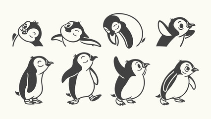 Obraz premium Eight Cartoon Penguin Silhouettes Gray Vector Icons
