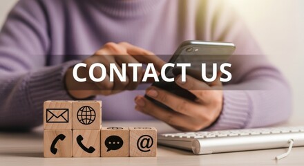 Contact us message with communication icons and a person using a phone