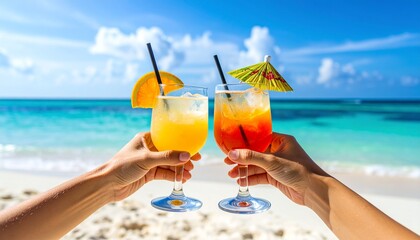Tropical cheers with colorful cocktails on the beach, with a background of sea and blue sky 