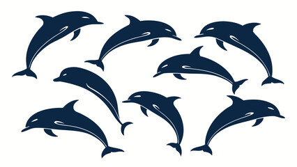 Naklejka premium Eight Dark Blue Dolphin Silhouettes Leaping White Background Vector Graphic