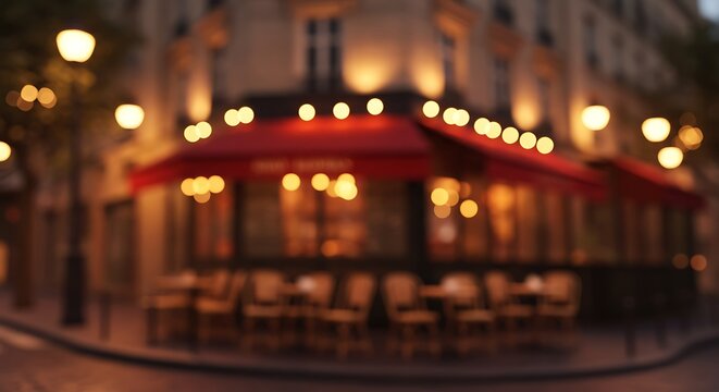 Blurred Parisian cafe at night, warm lights, red awning.