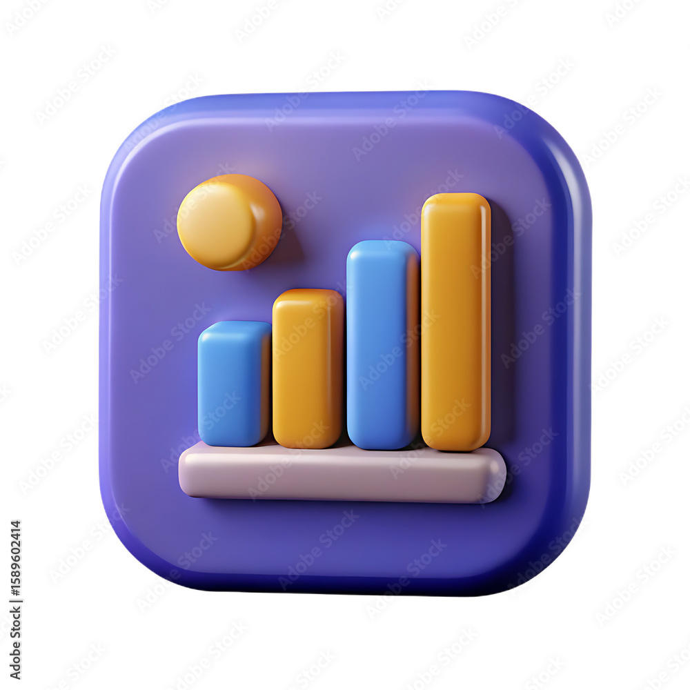 Poster glossy 3d graph, rounded bars, chart data on transparent background