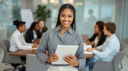 Smile, boardroom and portrait of a black woman with a tablet for training, meeting or teamwork. Happy, business and a corporate employee. professional Black woman with braided hair