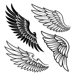 Four Stylized Black and White Angel Wings Designs feathers 1