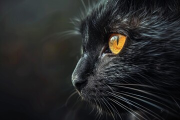 Close up profile of beautiful black cat with striking golden eyes and long whiskers, creating a captivating portrait