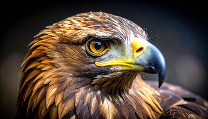 Detailed close-up image of a majestic brown eagle staring intensely, showcasing feathers and piercing eyes.