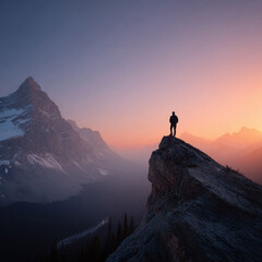 A lone figure stands atop a majestic cliff, gazing at a breathtaking mountain range bathed in the warm glow of sunrise. Evokes adventure, achievement, and contemplation.