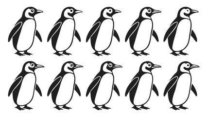 Naklejka premium Ten Black and White Cartoon Penguin Silhouettes vector