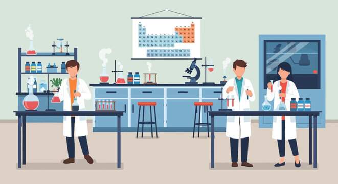 Three scientists in a laboratory setting, conducting experiments with beakers, test tubes, and other lab equipment.