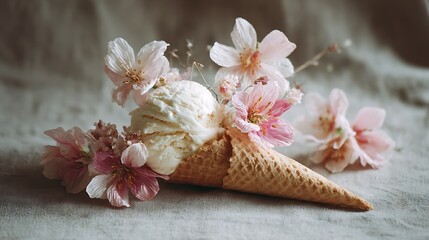 Fototapeta premium Sweet ice cream in crispy waffle cone, next to delicate paper flowers, food styling, still life .
