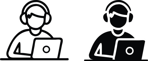 Tech Support Agent Icons with Laptop and Headset – Minimal Line Vector Design