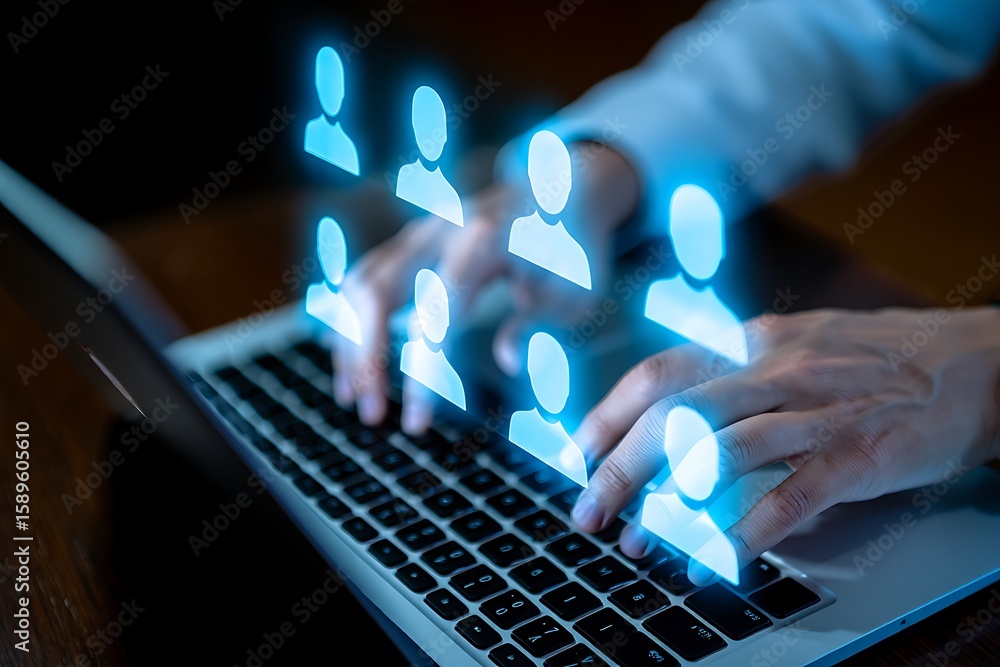 Poster person typing on a laptop with glowing blue abstract human icons appearing above the keyboard repres