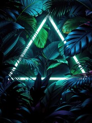 Glowing triangle geometry stands out from the dark lush flora with leaves of varying shapes and sizes