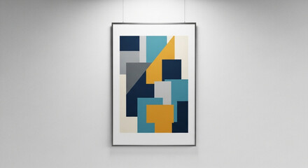 Abstract geometric art print with blue, yellow, and grey shapes on white wall
