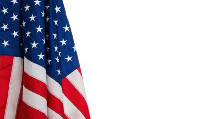 Vibrant american flag elegantly draped & subtly flowing on a pristine transparent seamless studio background with ample copy space right, bright even shadowless lighting, a high-angle photorealistic