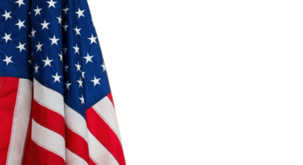 Vibrant american flag elegantly draped & subtly flowing on a pristine transparent seamless studio background with ample copy space right, bright even shadowless lighting, a high-angle photorealistic