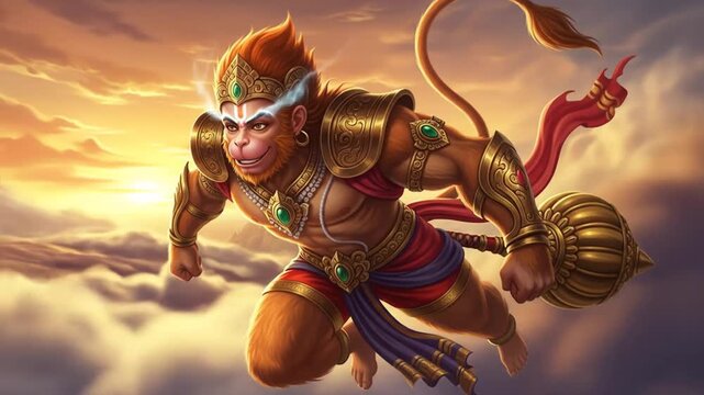 Epic journey of Hanuman against a sun-drenched cloudscape with golden armor in dynamic animated
