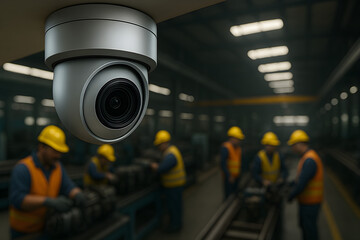 CCTV camera monitoring factory workers in production area