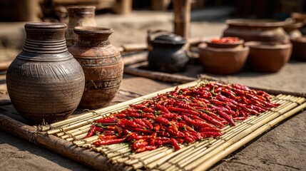 Red Chilies Drying in the Sun on Bamboo Mat with Traditional Clay Pots